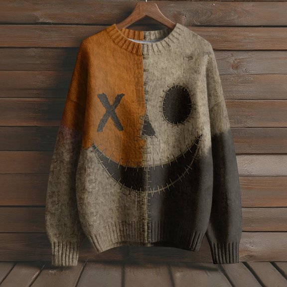 Kopltyrfg Halloween Sweater Men Long Sleeves Crew Neck Patchwork Vintage Casual Sweatshirt Stitched Print Spooky Pumpkin Face Warm Pullover Earthy Yellow S