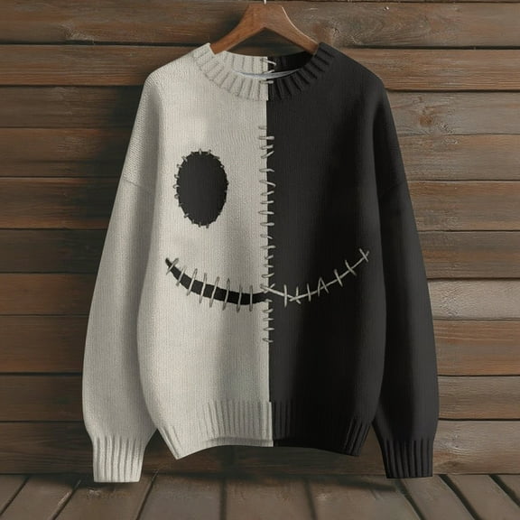 Kopltyrfg Halloween Sweater Men Long Sleeves Crew Neck Patchwork Vintage Winter Sweatshirt Stitched Print Spooky Pumpkin Face Cozy Hoodie Black 2XL