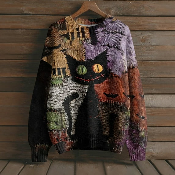 Kopltyrfg Halloween Sweater Men Patchwork Vintage Spooky Pumpkin Face Sweatshirt Stitched Print Big and Tall Hoodie Funny Holiday Costumes Purple M