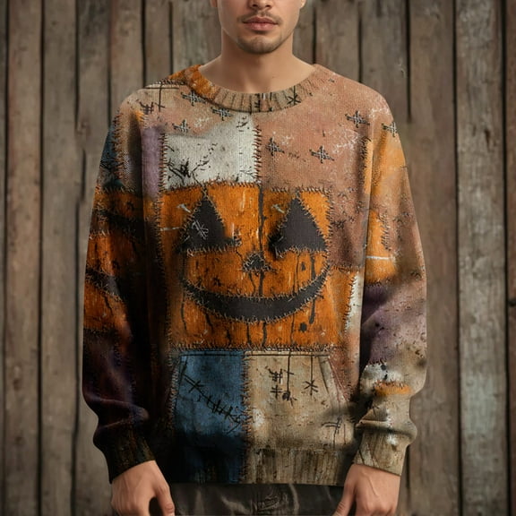 Kopltyrfg Halloween Sweater Men Spooky Pumpkin Face Patchwork Vintage Sweatshirt Stitched Print Casual Hoodie Warm Holiday Costumes Ginger L
