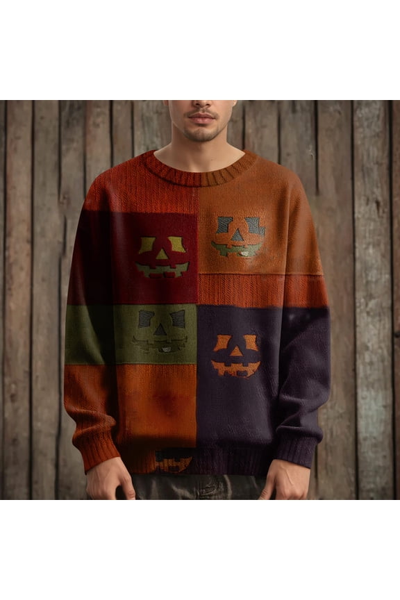 Halloween Sweater Men Spooky Pumpkin Face Patchwork Vintage Sweatshirt Stitched Print Winter Pullover Casual Holiday Costumes Orange XL