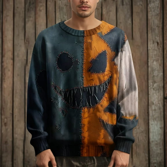 Kopltyrfg Halloween Sweater Men Spooky Pumpkin Face Patchwork Vintage Sweatshirt Stitched Print Winter Pullover Funny Holiday Costumes Saffron L