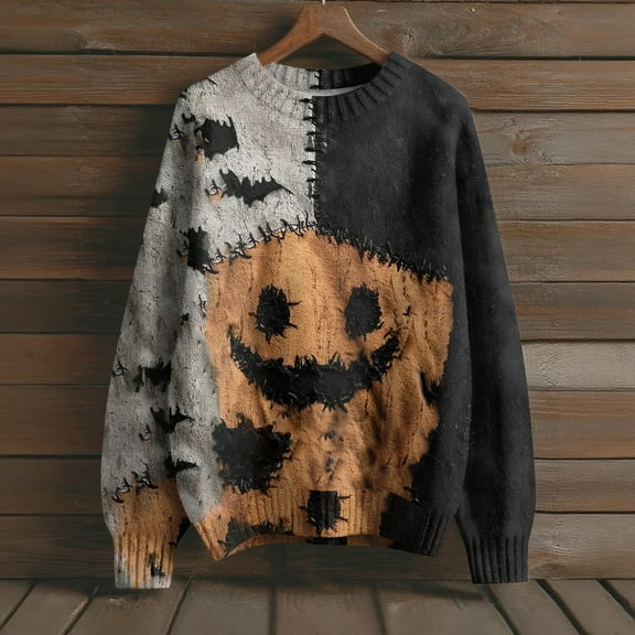Kopltyrfg Halloween Sweater Men Spooky Pumpkin Face Stitched Print Hoodie Patchwork Vintage Big and Tall Pullover Funny Holiday Costumes Ginger XL