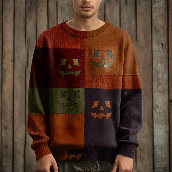 Kopltyrfg Halloween Sweater Men Stitched Print Patchwork Vintage Pullover Spooky Pumpkin Face Funny Sweatshirt Warm Holiday Costumes Orange L