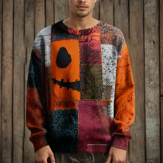 Kopltyrfg Halloween Sweater Men Stitched Print Spooky Pumpkin Face Sweatshirt Patchwork Vintage Warm Pullover Funny Holiday Costumes Red M