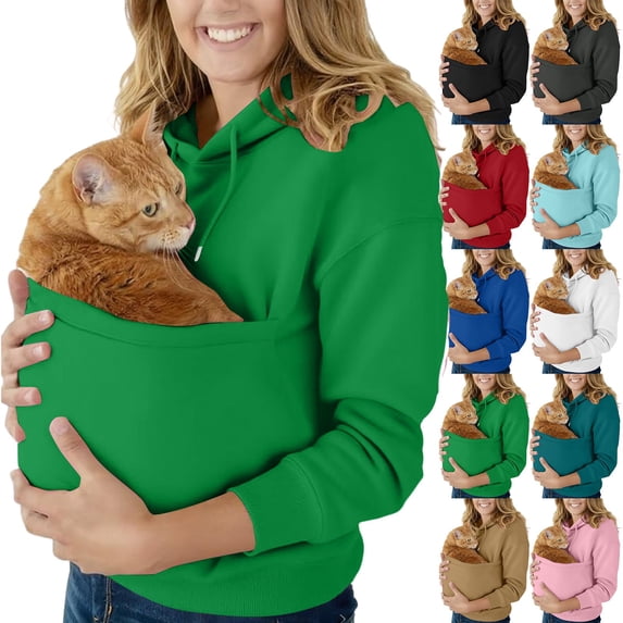 Kopltyrfg Hoodie with Cat Pouch Warm Cat Dogpouch Pullover Front Carry Pouch Kangaroo Pouch Sweatshirts with Large Pocket (Army Green,2XL)