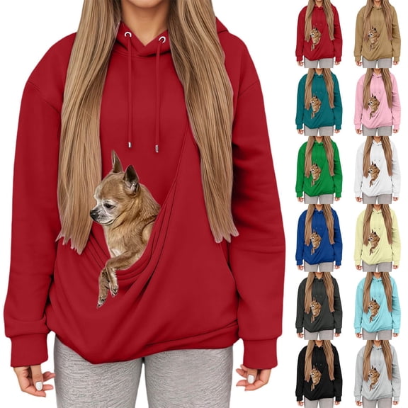 Kopltyrfg Hoodie with Dog Pouch Comfy Kangaroo Pouch Sweatshirts Front Carry Pouch Cat Dog Pouch Pullover with Large Pocket (Red,M)