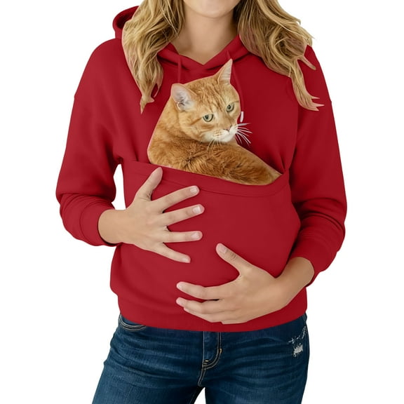 Kopltyrfg Hoodie with Dog Pouch for Women Oversized Cat Dog Pouch Sweatshirts Kangaroo Pouch Carriers Pullover (Red,S)
