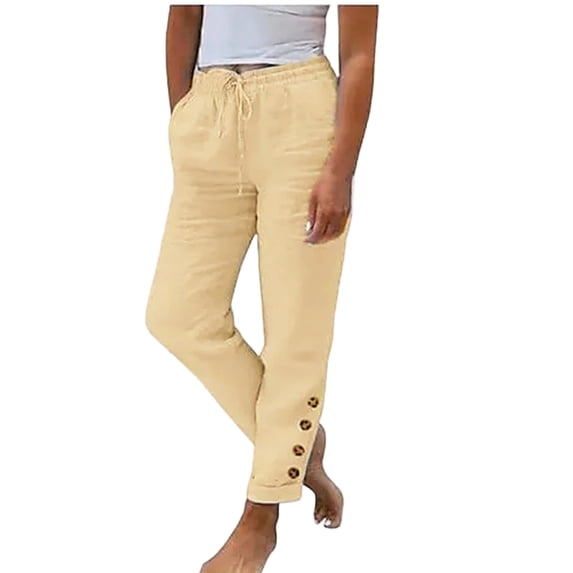 Kopltyrfg Linen Pants Women Drawstring Elastic Waist Casual Trousers Solid Straight Leg Ankle Length Cropped Pants with Pockets Beige XL