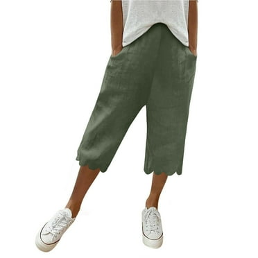 Kopltyrfg Linen Pants Women Plus Size Drawstring Elastic Waist Pants Casual Wide Leg Pants Cargo Pants with Pockets Army Green L