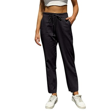 Kopltyrfg Linen Pants for Women Summer Casual High Waisted Drawstring White Beach Pant Black 2XL