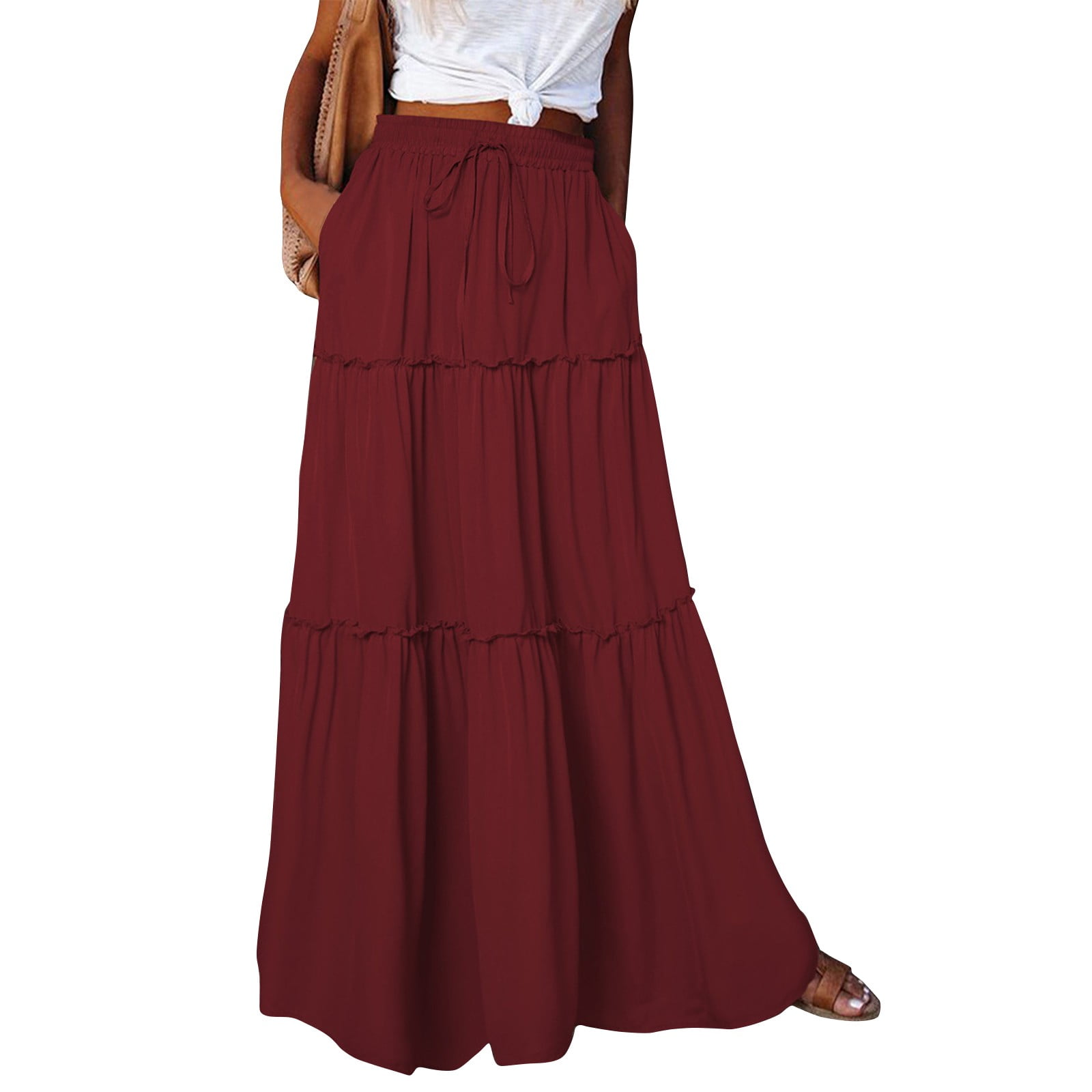 DRESSTELLS Pleated Midi Skirt – High Waisted, A-Line, With Lining, Burgundy - View #6