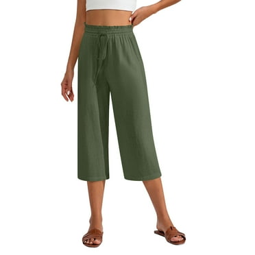 Kopltyrfg Neer 2 Pcs Women's Linen Wide Leg Capri Pants Beach High Waisted Drawstring Casual Loose Capris Pants with Pockets Army Green S
