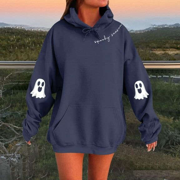 Kopltyrfg Oversized Hoodie for Women Trendy Hoodies Spooky Season Sweatshirt with Pocket Fleece Ghost Pullover Fashion Casual Tops Blue S