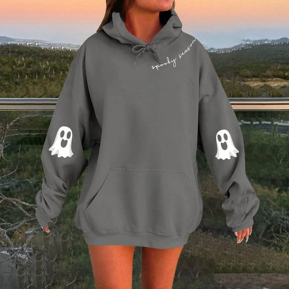 Kopltyrfg Oversized Hoodie for Women Trendy Hoodies Spooky Season Sweatshirt with Pocket Fleece Ghost Pullover Fashion Casual Tops Dark Gray XXL