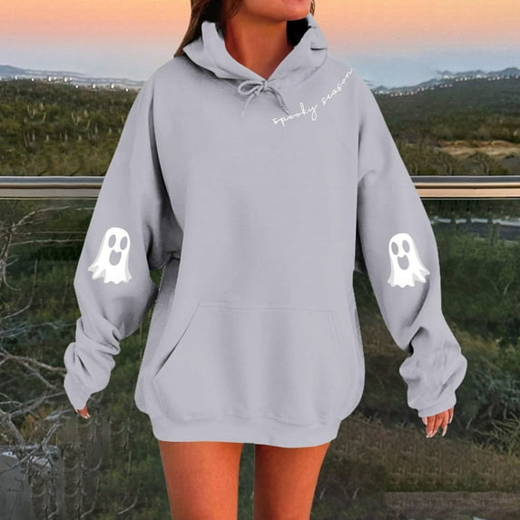 Kopltyrfg Oversized Hoodie for Women Trendy Hoodies Spooky Season Sweatshirt with Pocket Fleece Ghost Pullover Fashion Casual Tops Light Gray L