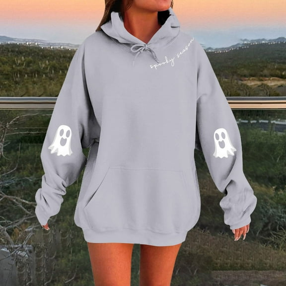 Kopltyrfg Oversized Hoodie for Women Trendy Hoodies Spooky Season Sweatshirt with Pocket Fleece Ghost Pullover Fashion Casual Tops White S