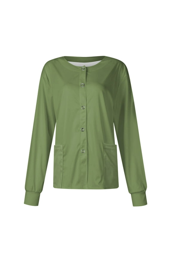 Scrub Jackets For Woman Solid Color Long Sleeve Front Warm Up Nurse Working Uniform Stretchy Coat Army Green 2XL