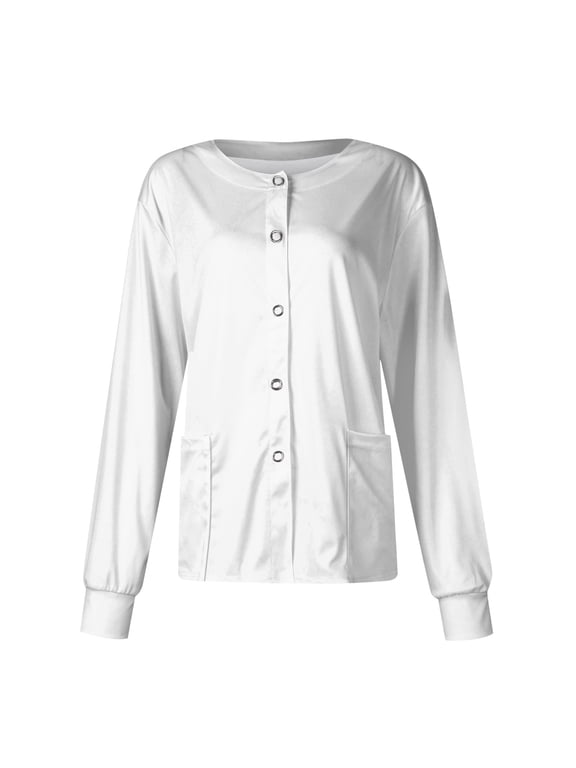 Scrub Jackets For Woman Solid Color Long Sleeve Front Warm Up Nurse Working Uniform Stretchy Coat White 2XL