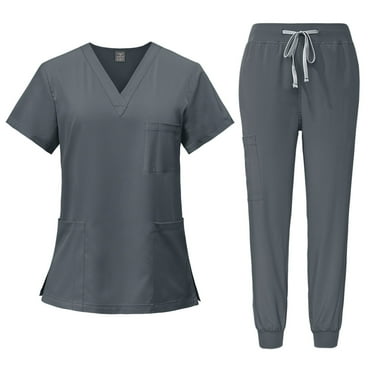 Kopltyrfg Scrub Sets for Woman 2024 Jogger Scrub Set Nursing Uniform Stretch V-Neck Top & Drawstring Cargo Pants Gray L