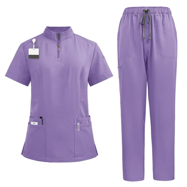 Kopltyrfg Scrubs for Women Set-Zipper Collar Top & Straight Pants Scrubs Set Medical Nursing Uniforms Light Purple XL