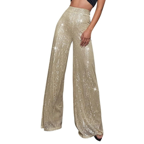 Kopltyrfg Sequin Pants Women Holiday Party Elastic Waist Sparkly Palazzo Trousers Carnival Evening Club Disco Straight Leg Glitter Bottom (Beige,M)