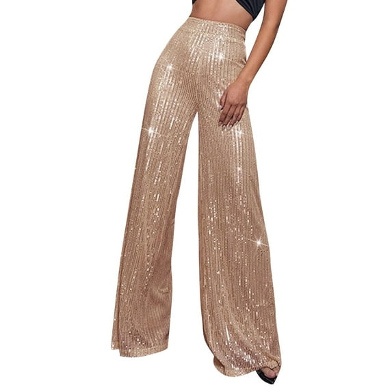 Kopltyrfg Sequin Pants Women Holiday Party Elastic Waist Sparkly Palazzo Trousers Carnival Evening Club Disco Straight Leg Glitter Bottom (Champagne,M)