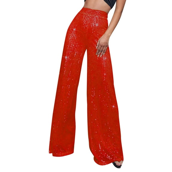 Kopltyrfg Sequin Wide Leg Pants Women Fashion High Waist Sparkly Palazzo Pants Shiny Party Trousers Carnival, Night Out Clubwear (Red,S)