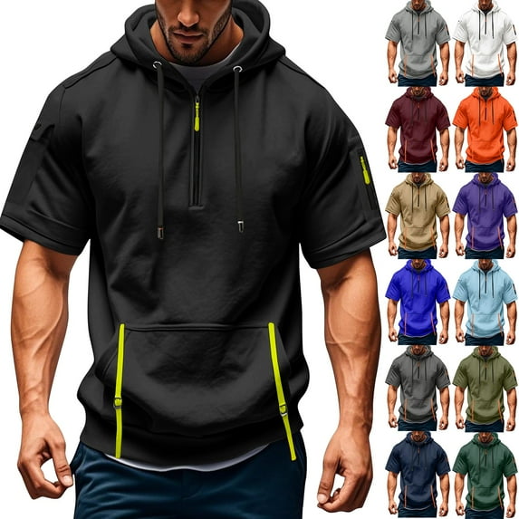 Kopltyrfg Short Sleeve Hoodies for Men Hooded Muscle Pullover Quarter Zip T-Shirts Athletic Tees Gym Workout Sweatshirt Purple 3XL