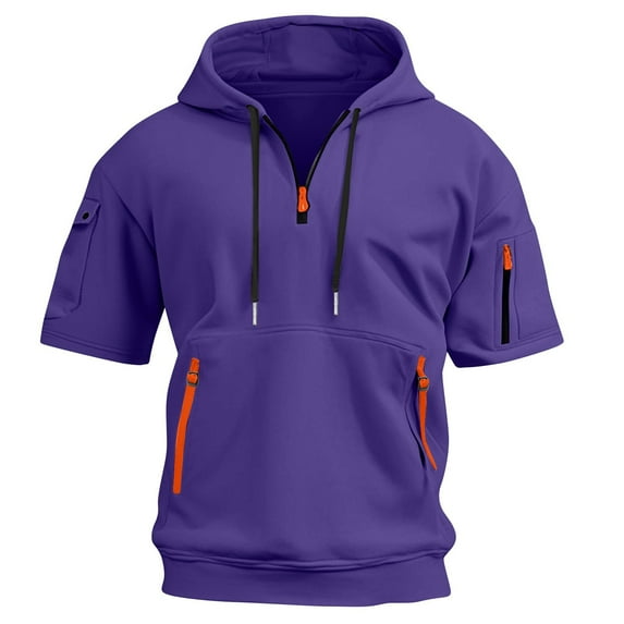 Kopltyrfg Short Sleeve Hoodies for Men with Hood Drawstrings Front Zipper Multiple Pockets Summer Hoodies for Men Purple 3XL