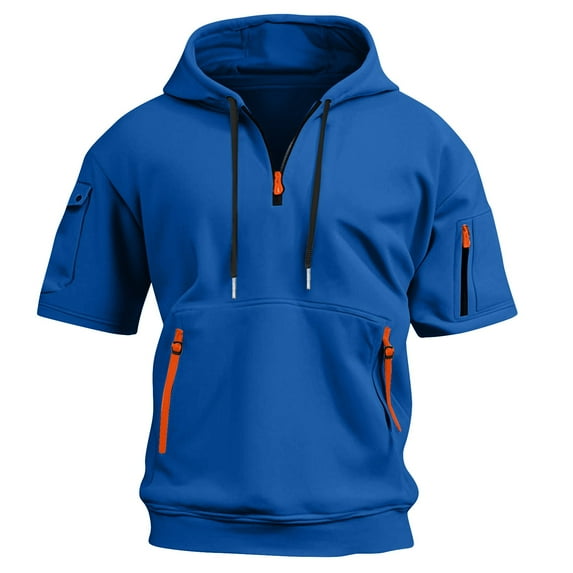 Kopltyrfg Short Sleeve Hoodies for Men with Hood Drawstrings Front Zipper Multiple Pockets Summer Hoodies for Men Royal Blue L