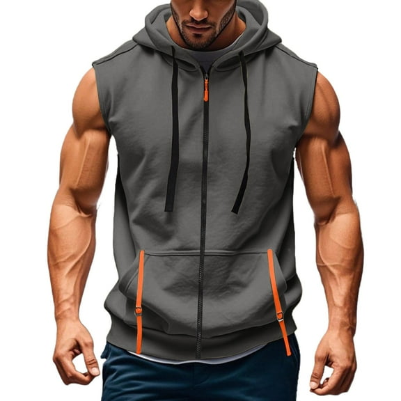 Kopltyrfg Sleeveless Hoodies for Men Fashion Zip Sport Workout Sweat Shirts Slim Stretchy Athletic Hooded Muscle Shirt with Pocket Dark Gray XL
