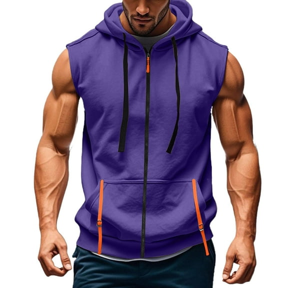 Kopltyrfg Sleeveless Hoodies for Men Fashion Zip Sport Workout Sweat Shirts Slim Stretchy Athletic Hooded Muscle Shirt with Pocket Purple L