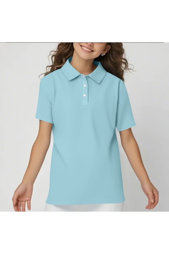 Uniform Shirts for Kids Girls School Short Sleeve Uniforms Casual Henley Uniform Shirts 2025 New with Collar Polo Shirts Comfortable Clothes Light Blue 13-14 Years