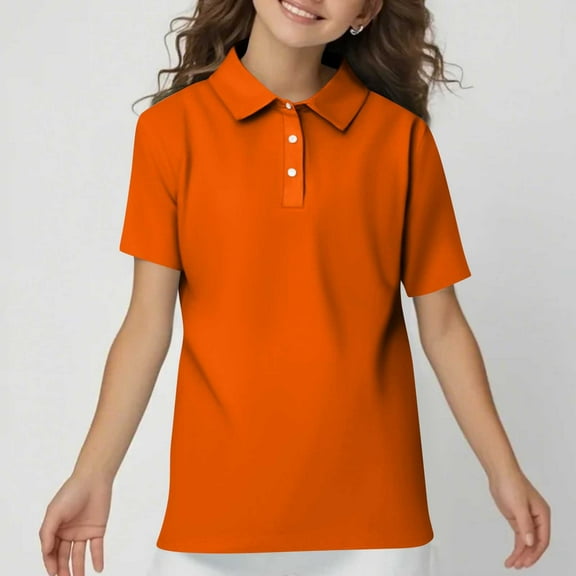 Kopltyrfg Uniform Shirts for Kids Girls School Short Sleeve Uniforms Casual Henley Uniform Shirts 2025 New with Collar Polo Shirts Comfortable Clothes Orange 3-4 Years