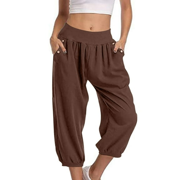 Kopltyrfg Wide Leg Capris for Women Elastic High Waisted Loose Fit Capri Pants Lightweight Comfy Cropped Pants with Pockets Brown 2XL