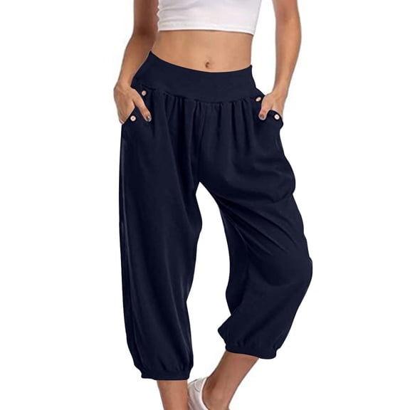 Kopltyrfg Wide Leg Capris for Women Elastic High Waisted Loose Fit Capri Pants Lightweight Comfy Cropped Pants with Pockets Navy 2XL