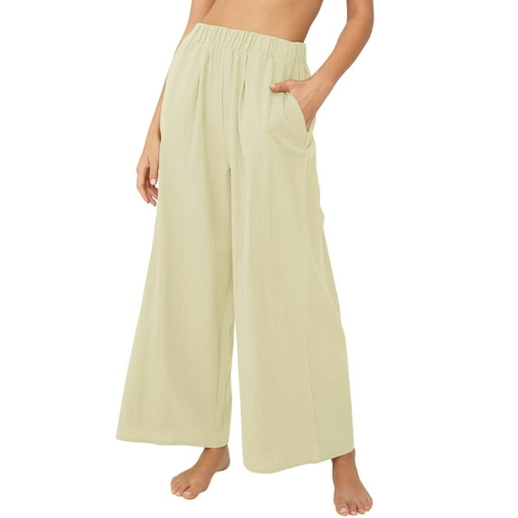Kopltyrfg Women Linen Pants 2024 Summer Trendy Casual Loose High Waist Wide Leg Pants Vacation Lounge Pants with Pocket Beige S