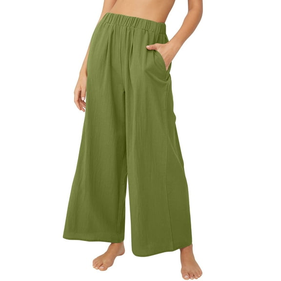Kopltyrfg Women Linen Pants 2024 Summer Trendy Casual Loose High Waist Wide Leg Pants Vacation Lounge Pants with Pocket Dark Green 3XL