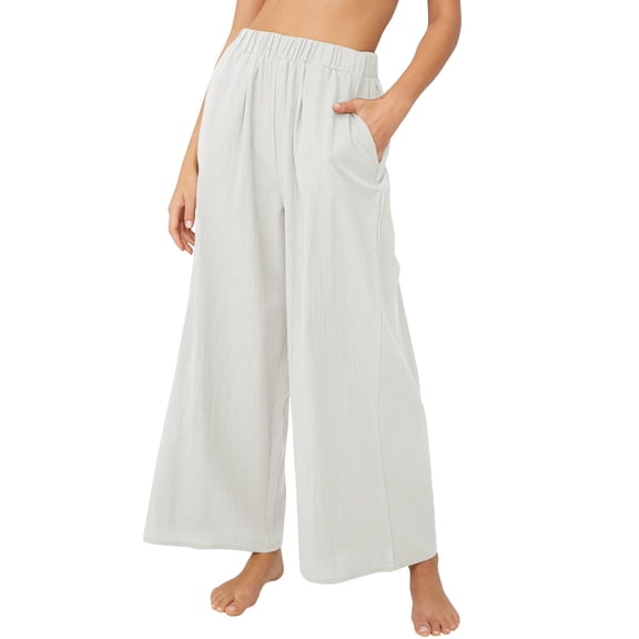 Kopltyrfg Women Linen Pants 2024 Summer Trendy Casual Loose High Waist Wide Leg Pants Vacation Lounge Pants with Pocket White 3XL