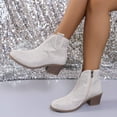 thumbnail image 1 of Kopltyrfg Women Rhinestone Cowboy Boots V Cut Side Zipper Glitter Chunky Heel Sparkly Fashion Cowgirl Ankle Boots (White,42), 1 of 7