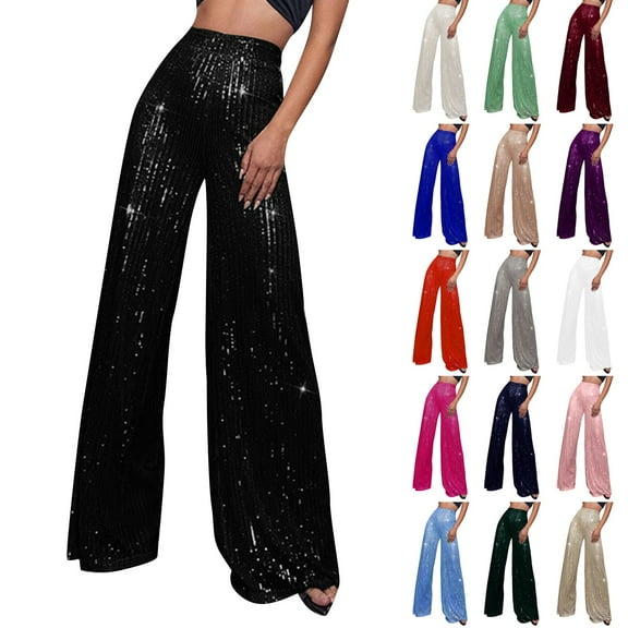 Kopltyrfg Women Sequin Pants Wide Leg Sparkly Glitter Elastic Waisted Palazzo Pants Shiny Party Trousers Night Out Clubwear (Black,S)