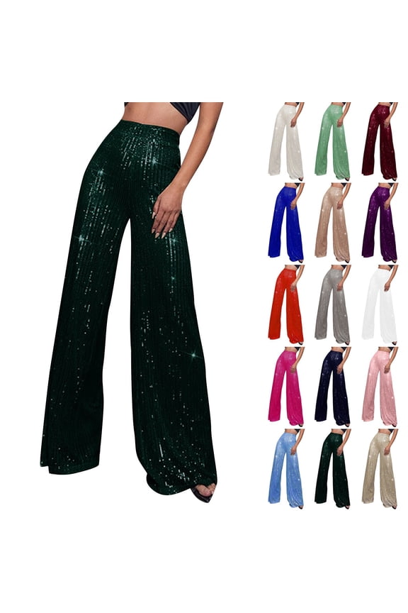Women Sequin Pants Wide Leg Sparkly Glitter Elastic Waisted Palazzo Pants Shiny Party Trousers Night Out Clubwear (Dark Green,3XL)