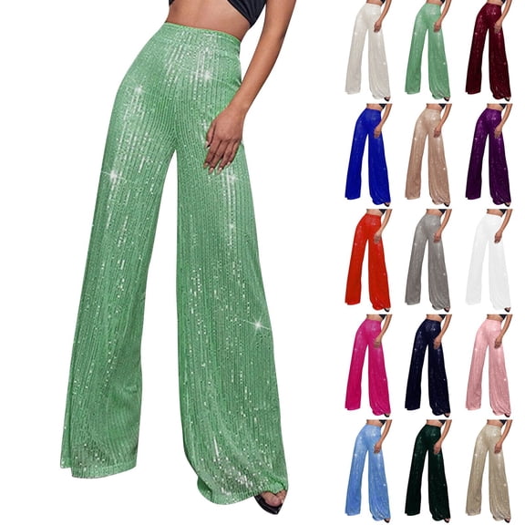 Kopltyrfg Women Sequin Pants Wide Leg Sparkly Glitter Elastic Waisted Palazzo Pants Shiny Party Trousers Night Out Clubwear (Light Green,S)