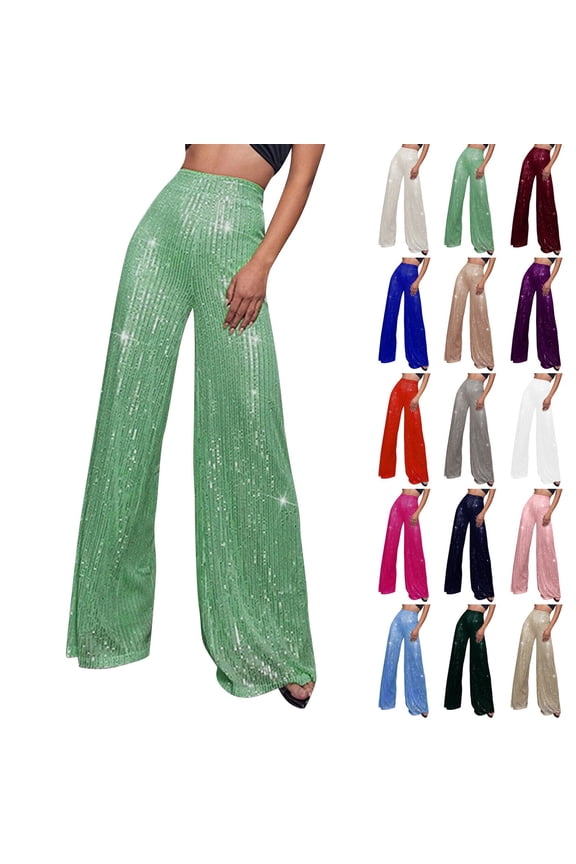 Women Sequin Pants Wide Leg Sparkly Glitter Elastic Waisted Palazzo Pants Shiny Party Trousers Night Out Clubwear (Light Green,S)