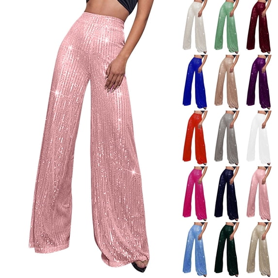 Kopltyrfg Women Sequin Pants Wide Leg Sparkly Glitter Elastic Waisted Palazzo Pants Shiny Party Trousers Night Out Clubwear (Pink,L)