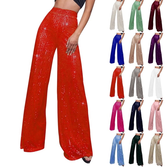 Kopltyrfg Women Sequin Pants Wide Leg Sparkly Glitter Elastic Waisted Palazzo Pants Shiny Party Trousers Night Out Clubwear (Red,L)
