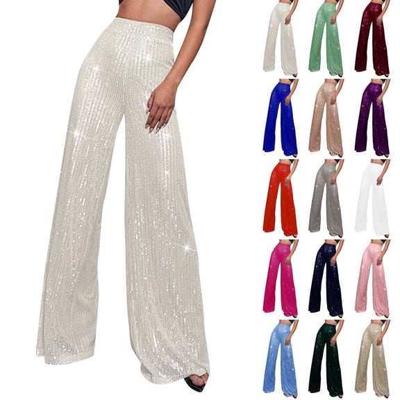 Kopltyrfg Women Sequin Pants Wide Leg Sparkly Glitter Elastic Waisted Palazzo Pants Shiny Party Trousers Night Out Clubwear (Silver,M)