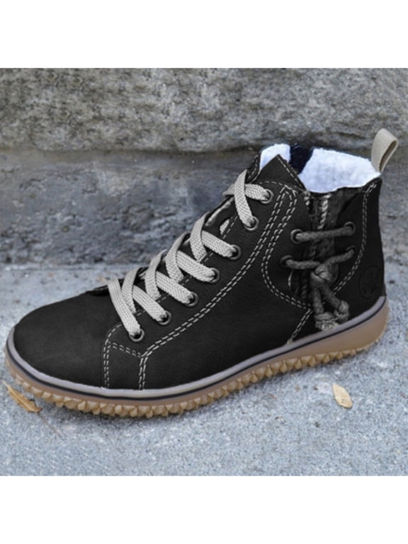 Women Winter Warm Ankle Boots with Fleece Flat Heel Leather Booties Lace Up High Top Wide Toe Box Hiking Shoes Arch Support Outdoor Non Slip Work Boots Comfortable Walking Booties