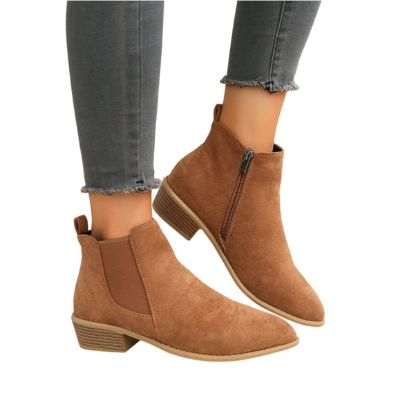 Kopltyrfg Women's Ankle Boot Flat Low Heel Side Zipper/Double Elastic Dress Fashion Booties Casual Short Boots (Brown,42)